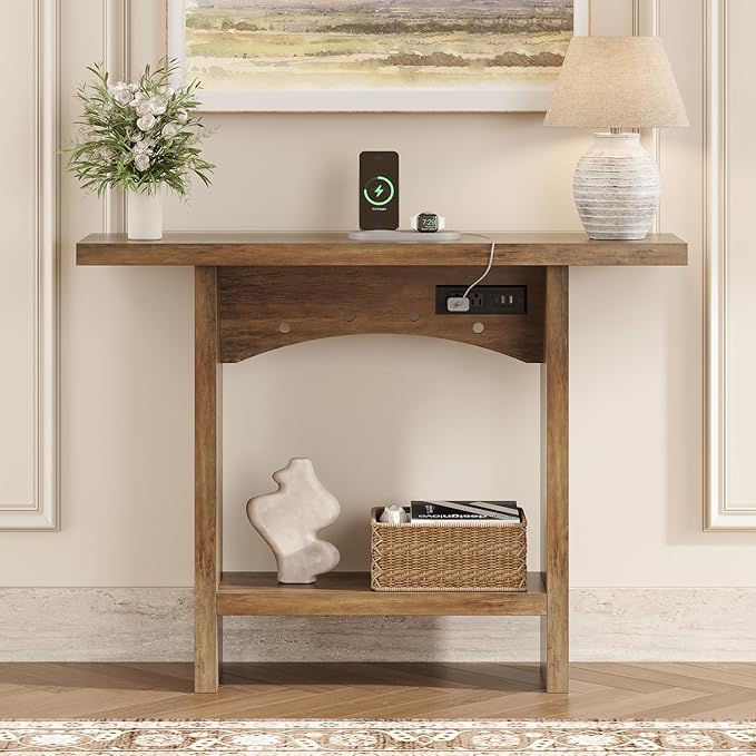 43" Console Table with Charging Station, Farmhouse Entryway Table, Entryway Table with Storage for Living Room or Foyer, Sofa Table for Hallway with Anti-Tip, Easy Assembly, Brown