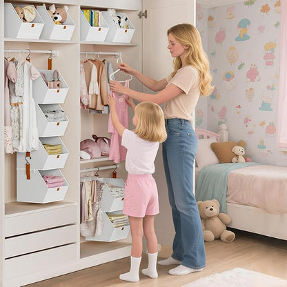 Hanging Closet Organizer 4 Tier - Clothes Hanging Shelves, Space-Saving Closet System, Fabric Storage Bins Bedroom Organization, Collapsible Baskets for Home, Dorm, Rv, White, 8 Pack