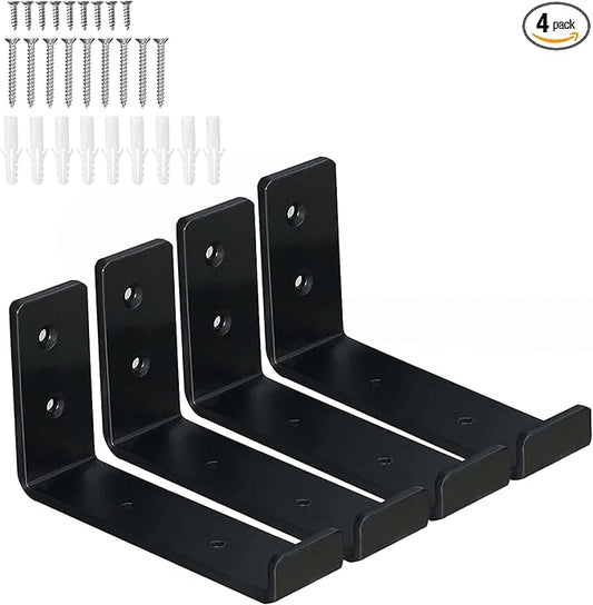 HEART ART Black Shelf Bracket 6 inch, J Metal Heavy Duty Shelf Support Brackets 4 Pack,6.3" L×4.8" H×1.2" W