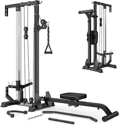 RC01 Foldable LAT Pulldown Machine with Adjustable seat, Wall Mount Cable Station with 16 Adjustable Positions, Cable Machine Home Gym 2 in 1, Functional Trainer with Rowing and LAT Pulldown