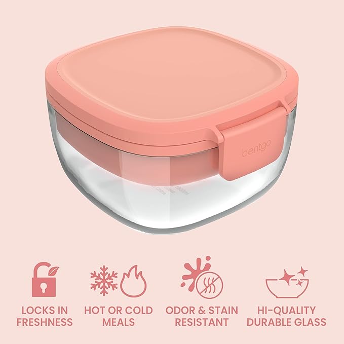 Bentgo Glass Salad Container - 7.6-Cup Salad Bowl with Airtight Lid, Leak-Proof Sauce Container, 4-Compartment Bento Tray & Reusable Fork - BPA-Free for Meal Prep, Office & More (Coral)