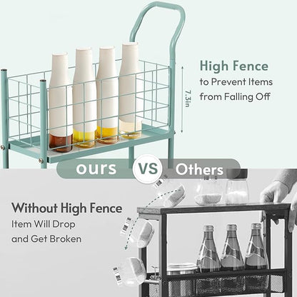 danpinera Rolling Utility Cart with Wheels, 4 Tier 7.7'' Metal Rolling Narrow Storage Cart with Hooks and Hanging Cups on Wheels for Bathroom, Kitchen, Office and Small Spaces, Green