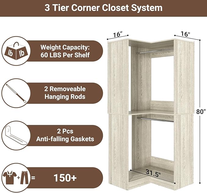 Armocity Corner Closet System, 32 Inches Wide Wood Corner Unit with 2 Hanging Rods and All Hardware Kits, 3-Tier 80'' Height Corner Wood Closet Tower, White Oak