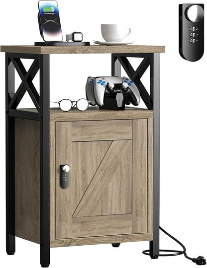 Wooden Nightstand with Lock, Bed Side Table with Drawers, Bedside Table with Charging Station, 3 USB & 2 Outlets, Night Stand with Cabinet, End Tables for Bedroom, Greige