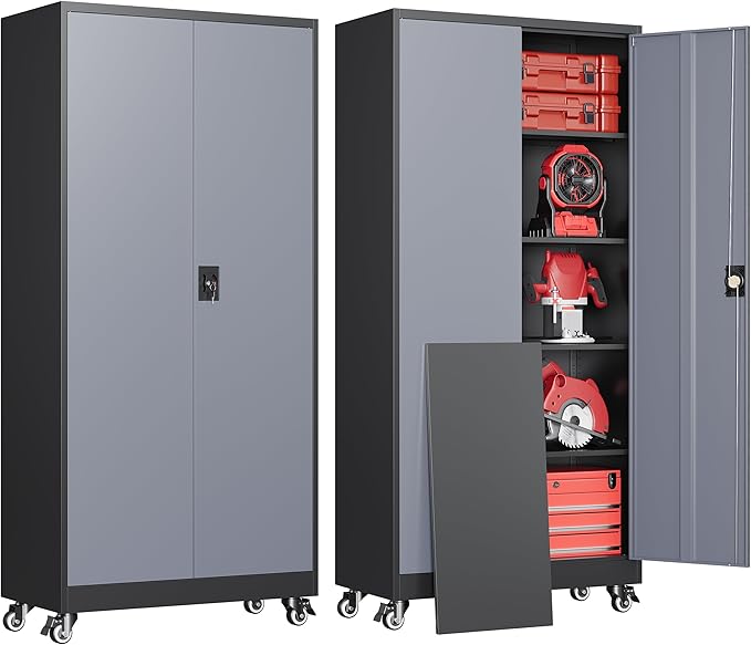 Metal Garage Cabinets with Wheels, Heavy Duty Rolling Storage Cabinet with Lock, Storage Caninet with 2 Doors and 4 Shelves, Tall Tool Cabnet on Wheels for Workshop/Home/Office-(Black Gray 75”H)