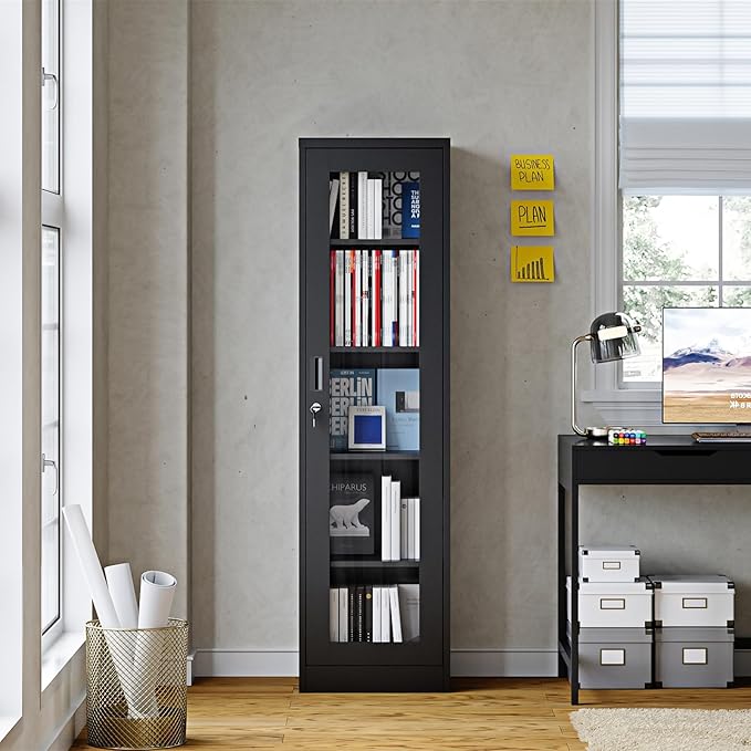 Display Storage Cabinet with Glass Doors, 65 Inches Metal Curio Cabinets with 4 Adjustable Shelves, HD Tempered Glass Cabinet Display Case for Home, Office, Pantry, Assemble Required (Black)