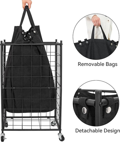 WOWLIVE Laundry Hamper with Wheels,Metal Wire Frame Rolling Laundry Basket with Removable bag,100L Dirty Clothes Hamper Organizer Dorm Room Storage for Bedroom,Bathroom,Black