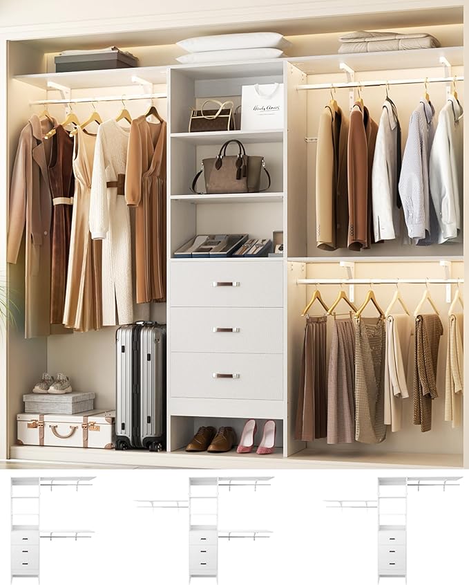 Closet System with 3 Drawers - 8FT Wood Closet Organizer with 3 Shelving Tower & Hanging Rods, 96" Walk-in Wardrobe Closet Organizer System for 4-8FT Spaces, Heavy Duty Garment Clothes Rack, White