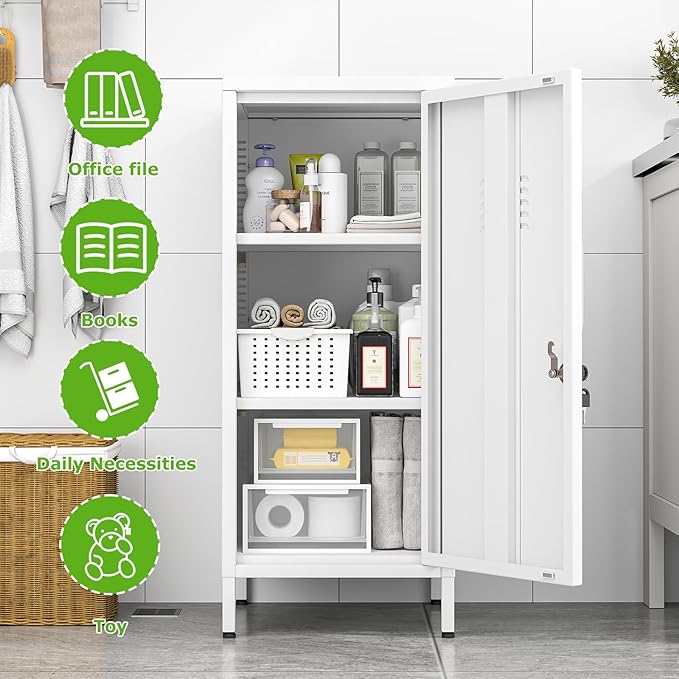 35" Metal Storage Locker, Lockable Employees Metal Locker with Door and Adjustable Shelves, Steel Locker for Home, School, Office, Gym (White)