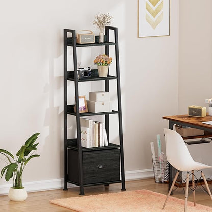 Furologee Ladder Shelf, Ladder Bookshelf with Drawer, Industrial 5 Tier Book Shelf, Display Open Bookcase Storage Shelves for Books, CDs, Photos, Black Shelving Unit for Home Office, Living Room