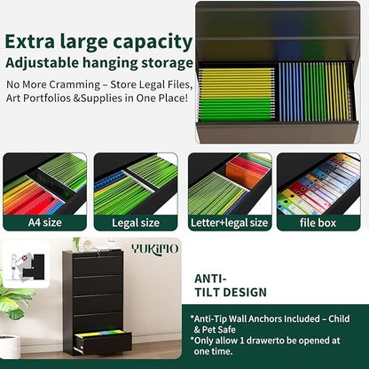 5 Drawer Lateral File Cabinet with Lock, Horizontal Metal File Cabinets for Home Office, Heavy Duty Large Filing Storage Cabinet, Steel Wide File Cabinet for Legal/A4/F4, Require Assembly-Black
