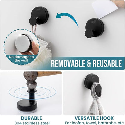 TAILI 304 Stainless Steel Bathroom Suction Hooks for Towel, Bathrobe, Loofah, Patented Strong Suction Cup Holder, No Damage Hanging Glass Shower Wall Hook, Classic Round, 2 Pack, Black
