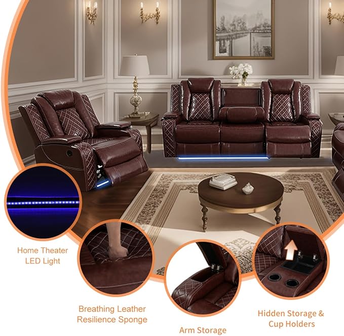 Living Room Furniture Sets,Power Reclining Couch Set for Living Room, Power Reclining Loveseat Recliner Chair with Drop Down Table LED Cupholders for Home and Office, Brown