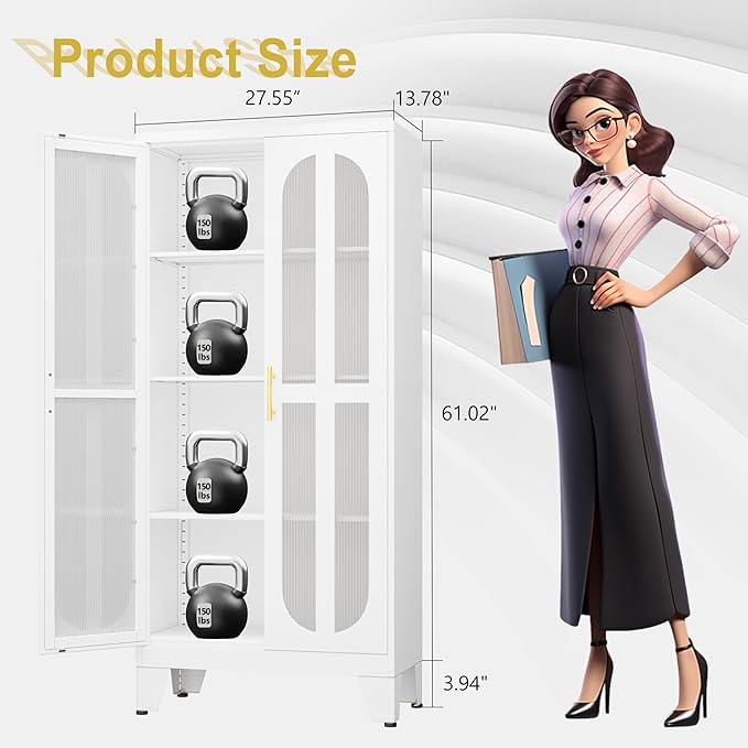 61" Metal Kitchen Pantry Storage Cabinet with 2 Acrylic Glass Doors ＆ 3 Adjustable Shelves, Versatile Food Freestanding Cupboard for Kitchen, Dining Room, Bathroom and Garage (White)