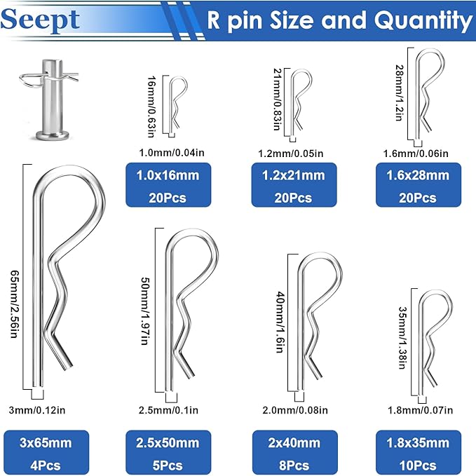 200Pcs 304 Stainless Steel Cotter Pins Assortment Kit - Hitch Pin Clips for Locking Systems | Ideal for Farm Tools, Tractor Implements, and Accessories