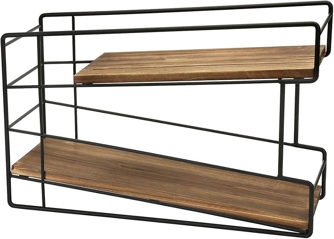 MyGift 2 Tier Stackable Can Holder for Pantry, Can Food Storage Dispenser Rack Organizer, Soda Pop, Pet Cat Dog Food, Rustic Solid Burnt Wood with Black Metal Wire Frame, Front Loading