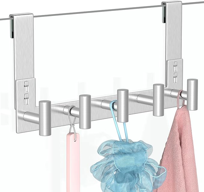 PMMASTO Shower Door Hooks, (7.5 Inch) Extended Towel Hook for Bathroom Frameless Glass Shower Doors, Stainless Steel Heavy Duty Holder for Hanging Robe,Towel (Silver 5 T-Hooks-Fits 3/8" Thick Door)