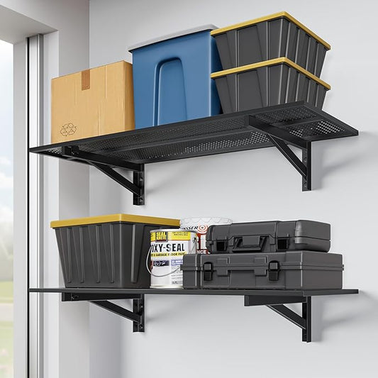 2 Pack Heavy Duty Garage Wall Shelving (1.5x4ft), 700lbs Capacity Garage Shelving Wall Mounted, 18"x96"Garage Storage Rack Floating Shelves, Black