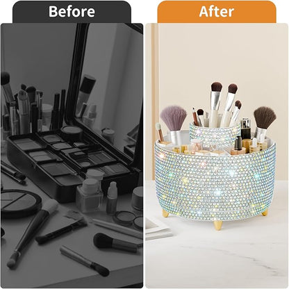 Bling 360° Rotate Makeup Brush Holder Organizer, Makeup Organizers Countertop, Makeup organization and Skincare Storage for Vanity, Gift for Women Girls (Bling dz-White AB)