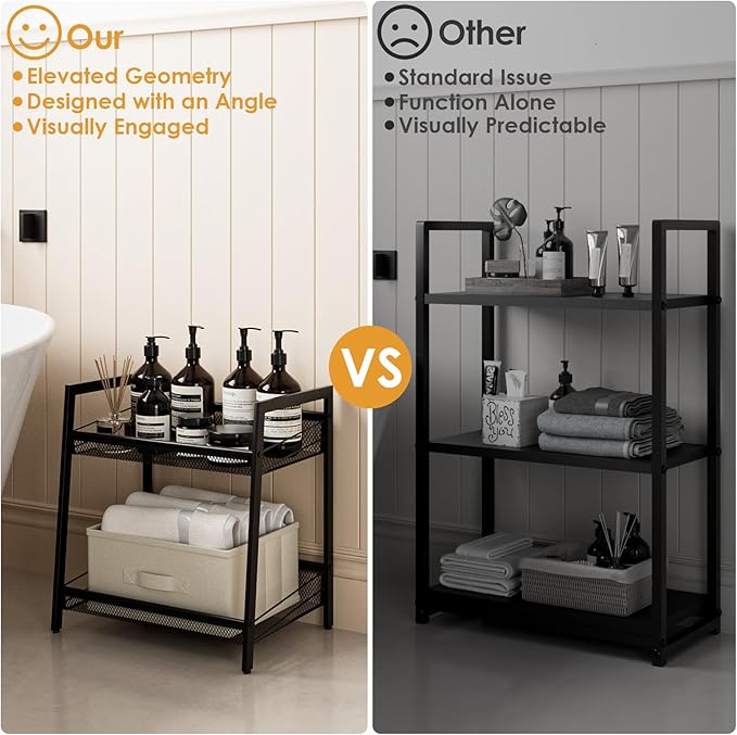 Masupu 2 Tier Bathroom Shelf, Bathroom Organizer and Storage for Small Space, Free-Standing Metal Rack Shelves Waterproof for Kitchen, Bathroom, Laundry, Toilet, Black