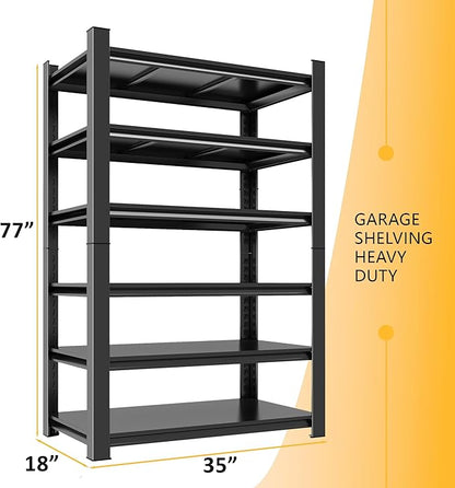 77" H*18" D Garage Storage Shelves, 6-Tier Metal Shelving Unit Heavy Duty Adjustable, 3600lbs Capacity, Storage Rack Organizer for Garage, Basement, Pantry & Warehouse, Black, 35.4" Wx17.7 Dx77.4 H