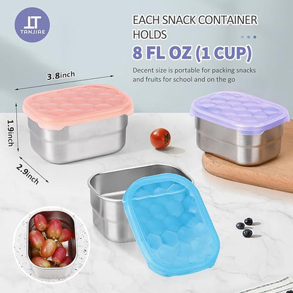 Snack Pro - Small (1 CUP) Stainless Steel Snack Containers for Kids | Easy Open Leak Proof Food Containers with Silicone Lids - Perfect Metal Toddler Lunch Box for Daycare and School (8oz*3)