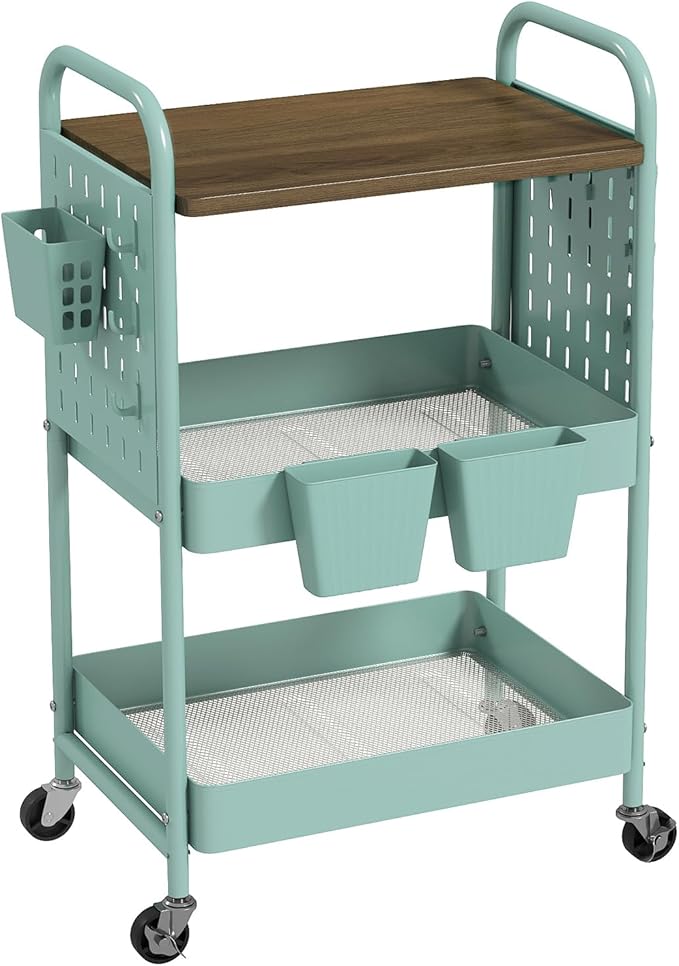 danpinera 3 Tier Rolling Cart, Metal Storage Cart with Wooden Tabletop, Storage Cart with DIY Pegboards & Locked Wheels, Hooks & Hanging Cups for Any Room