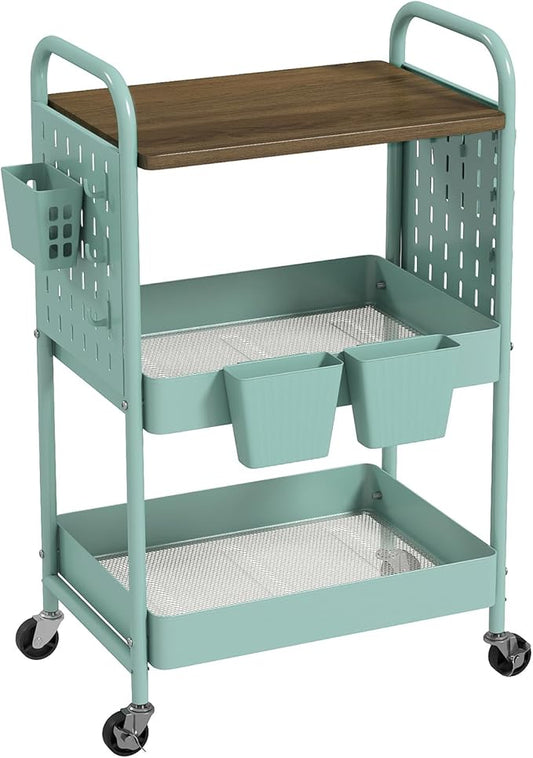 danpinera 3 Tier Rolling Cart, Metal Storage Cart with Wooden Tabletop, Storage Cart with DIY Pegboards & Locked Wheels, Hooks & Hanging Cups for Any Room