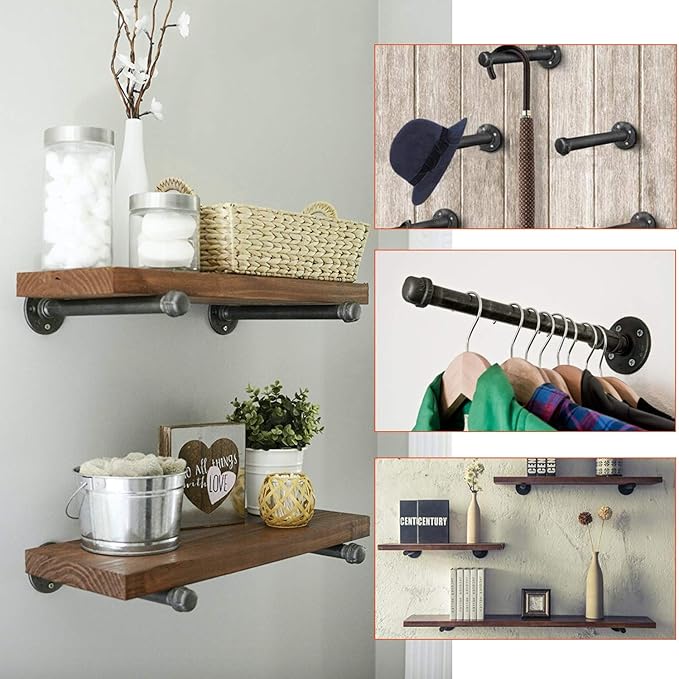 1/2" Industrial Black Iron Pipe Shelf Brackets, Rustic Wall Mounted DIY Shelving Bracket Hanging Custom Pipe Brackets for Floating Shelves (12 Inch, Piece, 4.0)