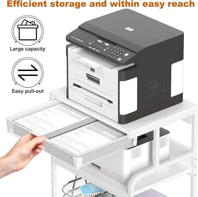 EasyCom 23.6''x18.9'' Extra Large Printer Stand with Drawer, 5-Adjustable Heights 3 Tier Table with Wheels, Rolling Printer Cart with Storage for Printer Scanner Fax Home Office Use