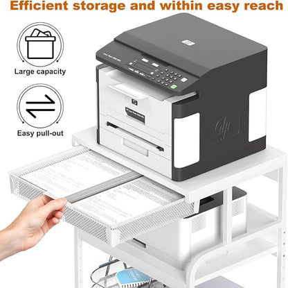 EasyCom 23.6''x18.9'' Extra Large Printer Stand with Drawer, 5-Adjustable Heights 3 Tier Table with Wheels, Rolling Printer Cart with Storage for Printer Scanner Fax Home Office Use