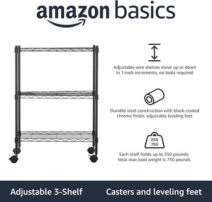 Amazon Basics 3-Shelf Adjustable Heavy Duty Storage Shelving Unit on 2" Wheels, Metal Wire Rack for Garage, Utility Shelving with Leveling Feet, 23.2"L x 13.4"W x 32.75"H, Black