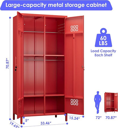 Aobabo Metal Wardrobe Closet with 2 Doors, Metal Wardrobe Cabinet with 4 Adjustable Shelves and 2 Hannging Rods, Storage Locker for Home, Red, Assembly Required
