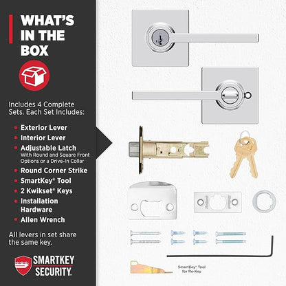 Kwikset Casey Entry Door Handle with Lock and Key, Secure Keyed Reversible Lever Exterior, for Front Entrance and Bedrooms, Polished Chrome, 4 Pack, Pick Resistant SmartKey Rekey Security