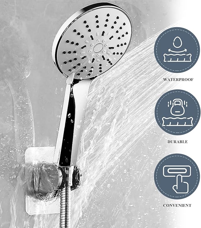 Shower Head Holder Strong Adhesive Adjustable Handheld Shower Wand Holder No Drilling Wall Mount Bracket (Silver)