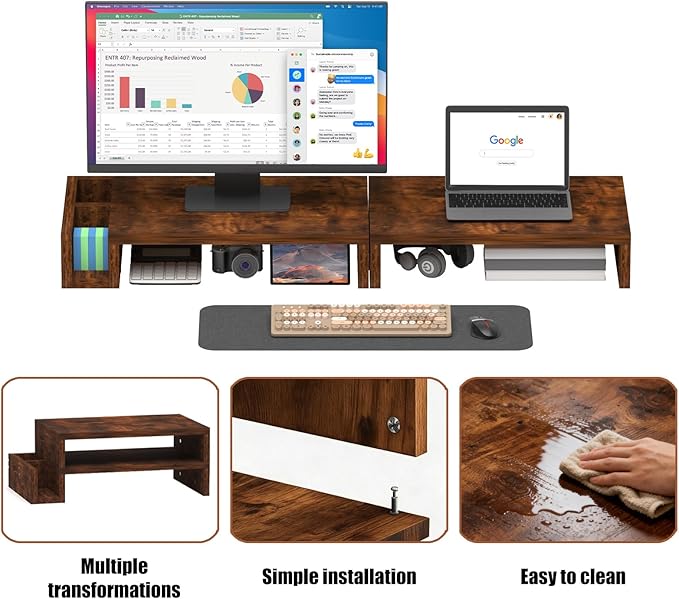 Wood Dual Monitor Stand Riser for Desk, 30" Long Monitor Riser with Pen Holders, Desktop Storage Organizer for 2 Monitors, Computer, Laptop, PC, Printer, TV, Rustic Brown (Dual)