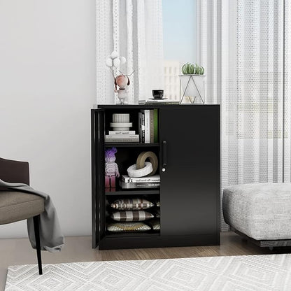 Metal Storage Cabinet, Lockable Steel Storage Cabinet with 2 Doors and Shelves, Metal Cabinet with Lock, Small Locking Cabinet for Home Office (Black)