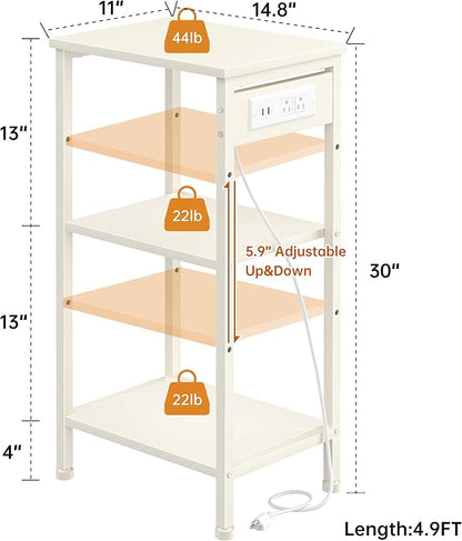 Tall End Table with Charging Station, 3 Tier Narrow Tall Nightstand with Storage, Slim Side Table for Bedroom, Living Room, Nursery, Office, Cream White