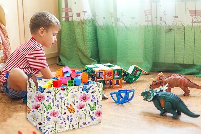 Essme Rectangular Boys Basket,Kids Storage Basket with Handles for Room Decor,Ocean Storage Bin（Flower cluster）