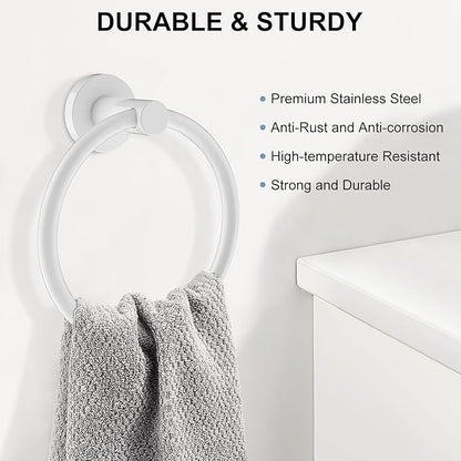 SetSail Towel Holder for Bathroom Wall Screw-in White Towel Ring Stainless Steel Hand Towel Holder Heavy Duty Towel Hanger for Bathrooms