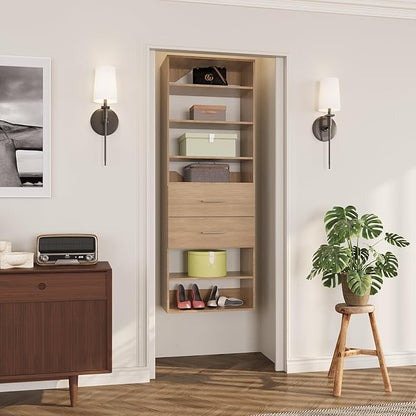 ROOMTEC Modular Closet System, 31.5" 2 Drawer Shelf Closet Tower Wall-Mounted Closet Organizer, Wooden Tower for Walk-In Closets, Wardrobe Storage Kit, Wood