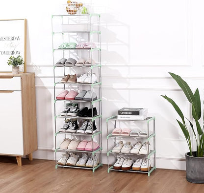 Stackable Small Shoe Rack, Entryway, Hallway and Closet Space Saving Storage and Organization (3-Tier, Green)
