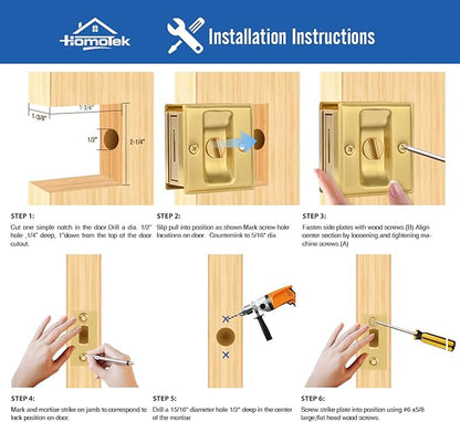 HOMOTEK 1 Pack Privacy Sliding Door Lock with Pull - Replace Old Or Damaged Pocket Door Locks Hardware Quickly and Easily, 2-3/4”x2-1/2”, for 1-3/8” Thickness Door,Brushed Brass