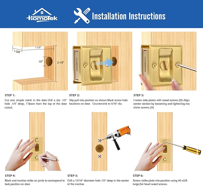 HOMOTEK 4 Pack Privacy Sliding Door Lock with Pull - Replace Old Or Damaged Pocket Door Locks Hardware Quickly and Easily, 2-3/4”x2-1/2”, for 1-3/8” Thickness Door, Brushed Brass