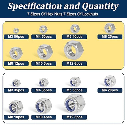 Metric Hex Nuts&Locknuts Assortment Kit(360Pcs)，M3 M4 M5 M6 M8 M10 M12 Stainless Steel Assorted Hex Nuts Sets,Bright Finish