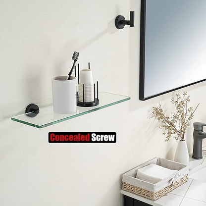 JQK Bathroom Glass Shelf Black, Tempered Glass Shower Storage 16 by 5 inches, 304 Stainless Steel Matte Black Wall Mount 2 Pack, TGS101L16-PB-P2
