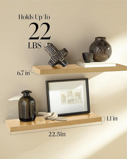 BAYKA Floating Shelves for Wall, 22.5 inches Wall Mounted Rustic Wood Shelves for Bathroom, Bedroom, Living Room, Floating Shelves for Books/Storage/Decor (Light Oak-Toned,Set of 3)