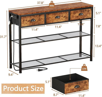 Furologee Console Table with Charging Station & 3 Fabric Drawers, 38'' Entryway Table with Storage Shelves and LED Light for Entry Way, Industrial Display Shelf for Hallway, Foyer, Rustic Brown | 3 Fabric Drawers, Storage Shelves, LED Light, Entry Way,...