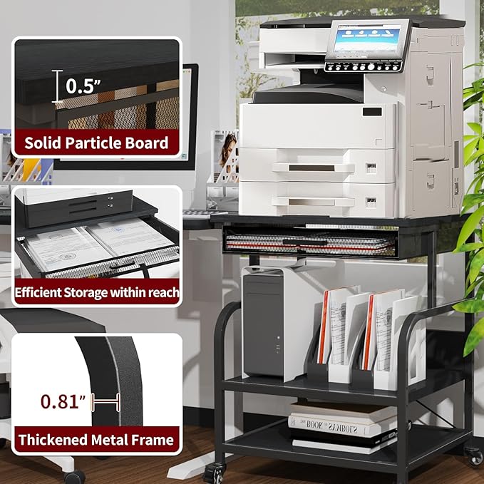 TFK 3-Tier Printer Stand with Drawer, Adjustable Shelf, Rolling Casters, 23.6 x 18.9 x 30 Inch Heavy Duty Printer Cart for Home Office, Large Printers, 3D Printers, Fax & Heat Press, Black