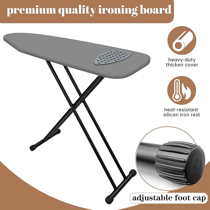 Ironing Board, Compact and Space Saver,Size 13 x 43, Metal Construction Ironing Boards with Extra Thick Heavy Duty Padded, Stable Structure,Skid Feet, Premium Iron Board (Grey)